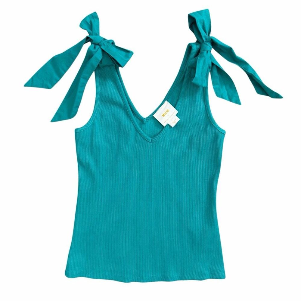 Anthropologie Brielle Teal Tie Shoulder Ribbed Tank Top NWT sz Small